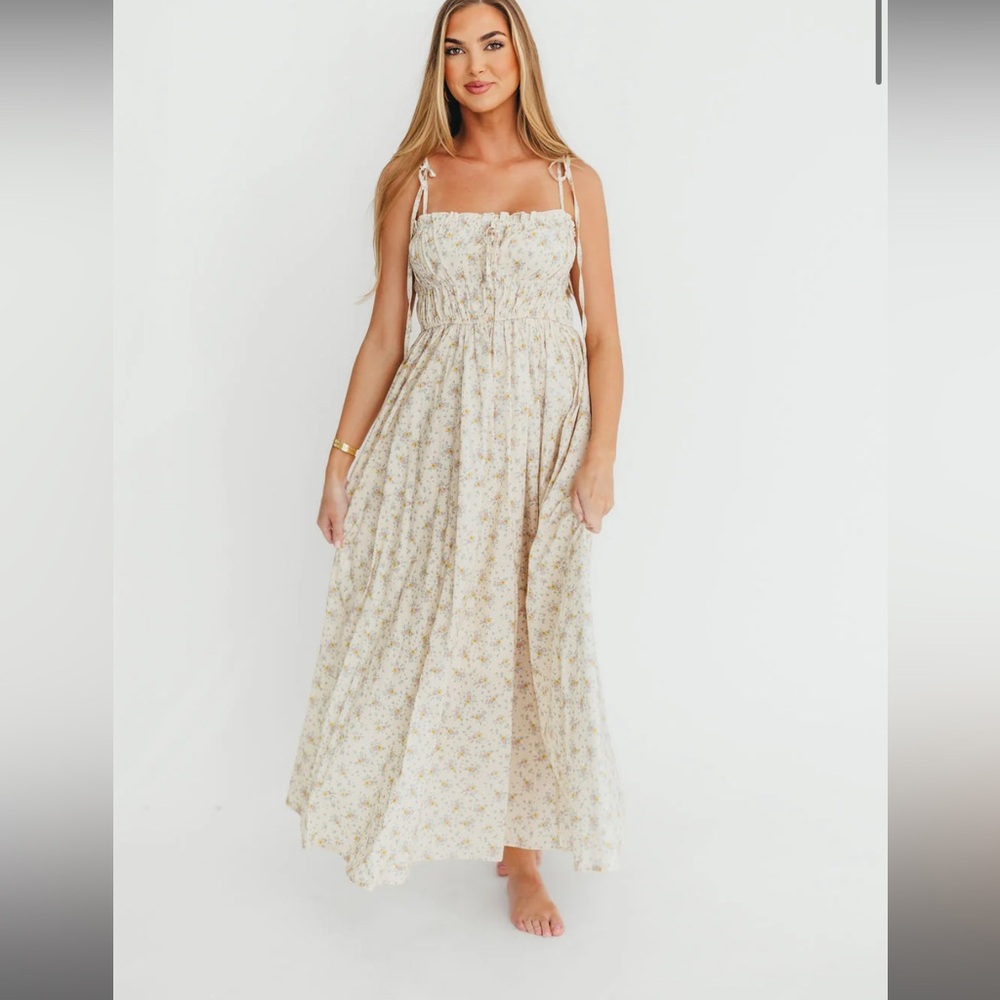 Worth Collective Lila Ruched Floral Maxi Dress in Vintage Cream